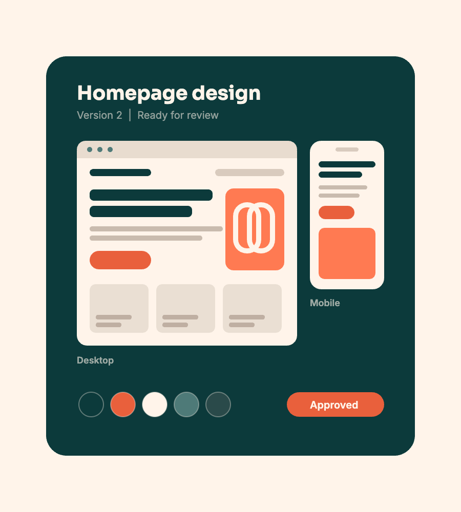 Homepage design board with desktop and mobile layouts and brand colours